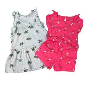 Pekkle Girls 2-Piece Dress & Romper Set | Palm Tree & Flamingo Prints